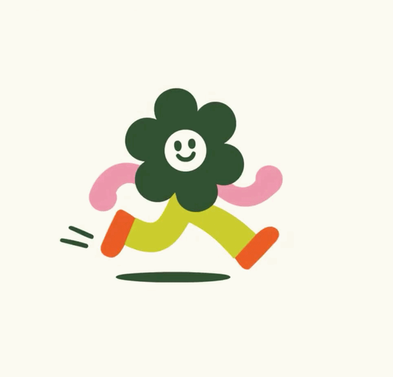 A smiling flower character running in bright orange shoes